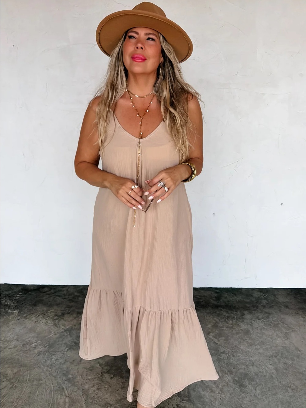 NWT 100% Cotton Sleeveless Beige Maxi Dress with Ruffled Hem